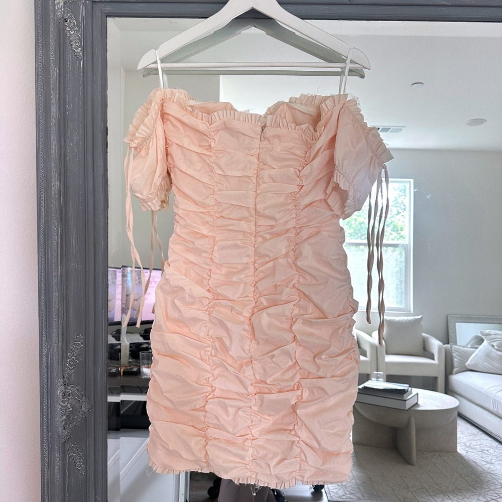 Choosy Ruched Off The Shoulder Bodycon Mini Dress Ruffle Sweetheart Peach 6 S - Picture 10 of 11